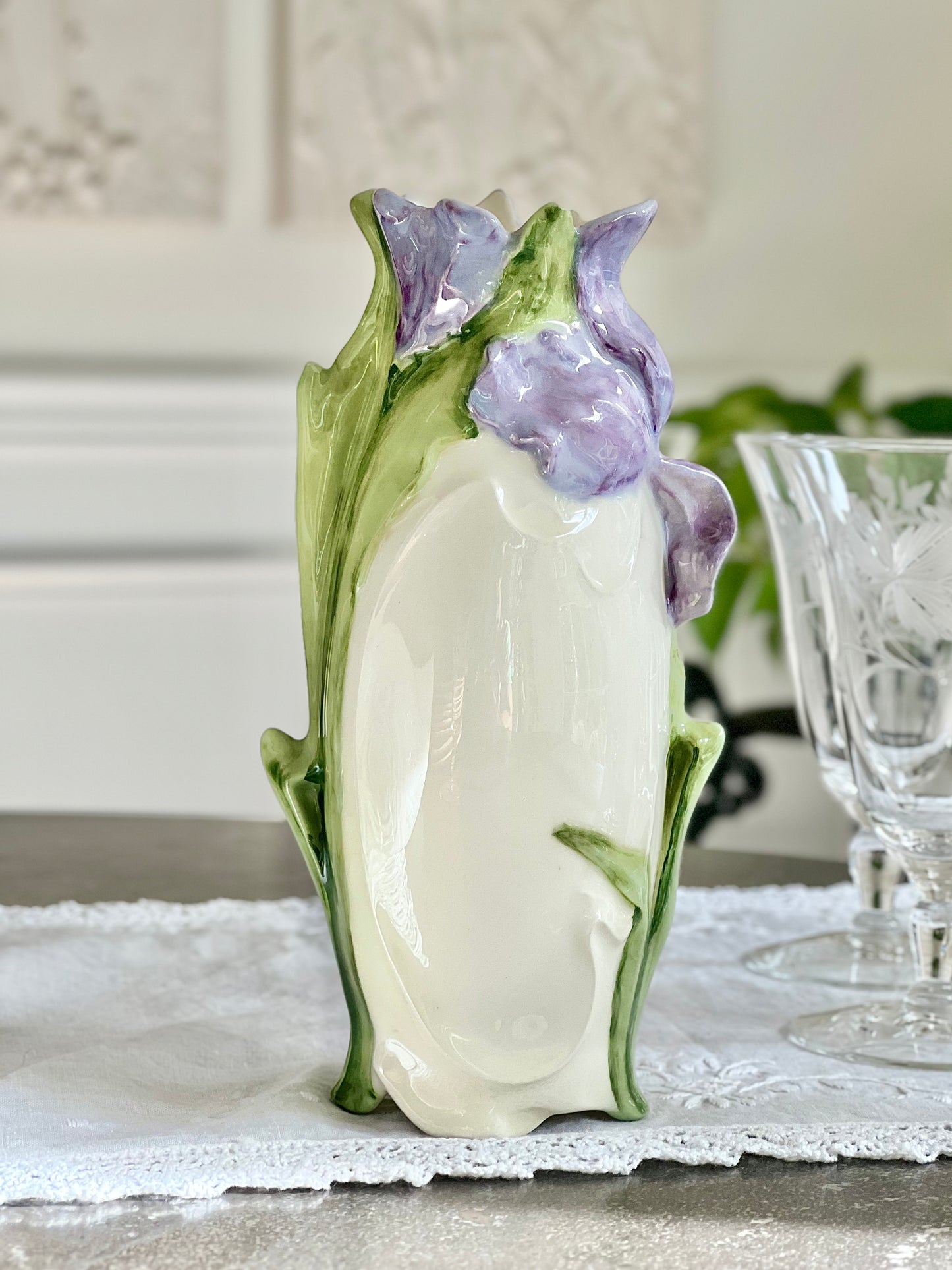 Vintage Art Nouveau Style Iris Vase - 8.5” tall