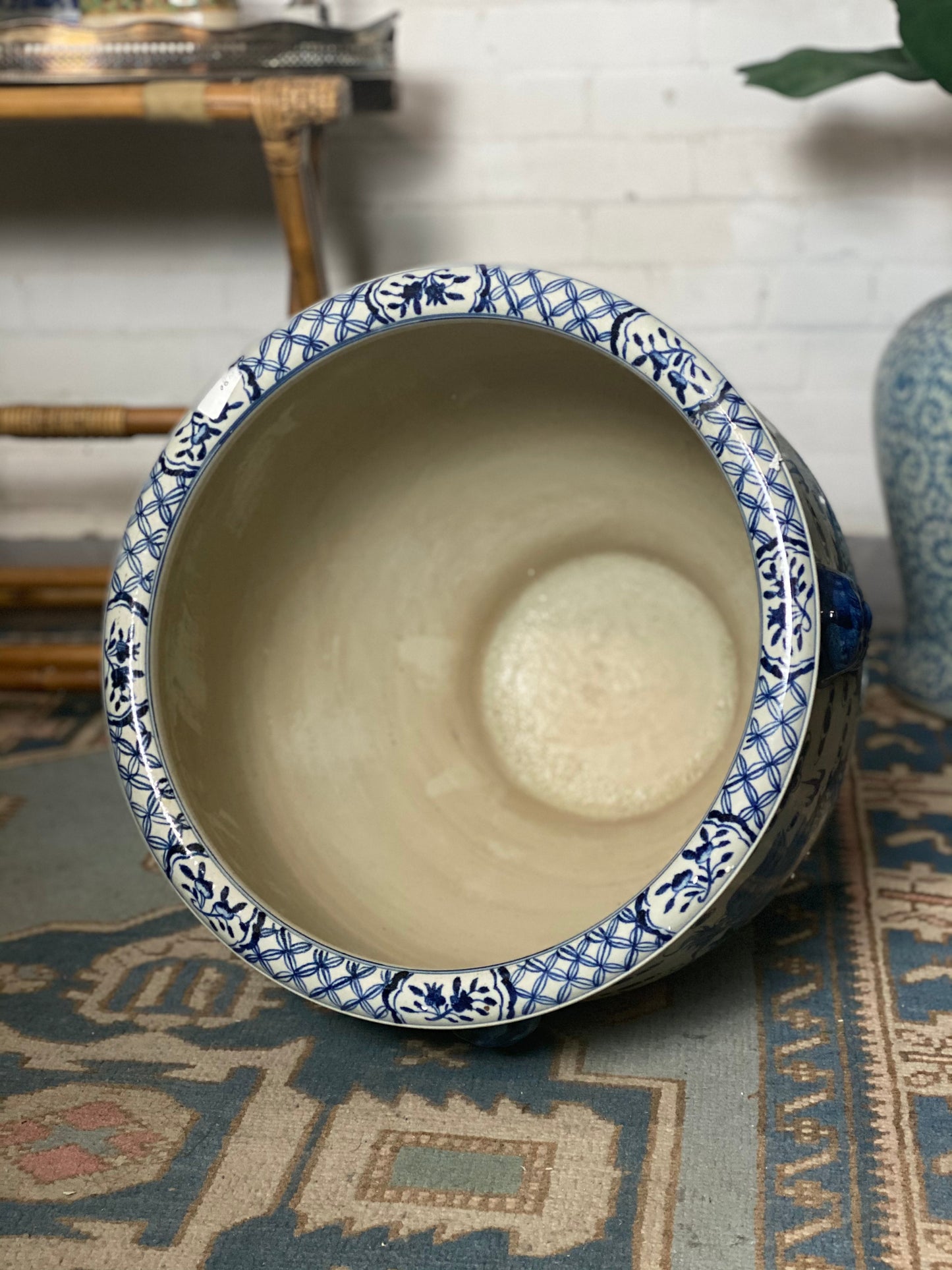 Extra-Large Blue & White Hand Painted Porcelain Planter/Pot. Measures 18"D