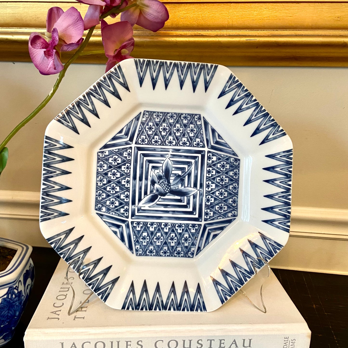 Vintage blue and white porcelain chinoiserie designer octagon plate