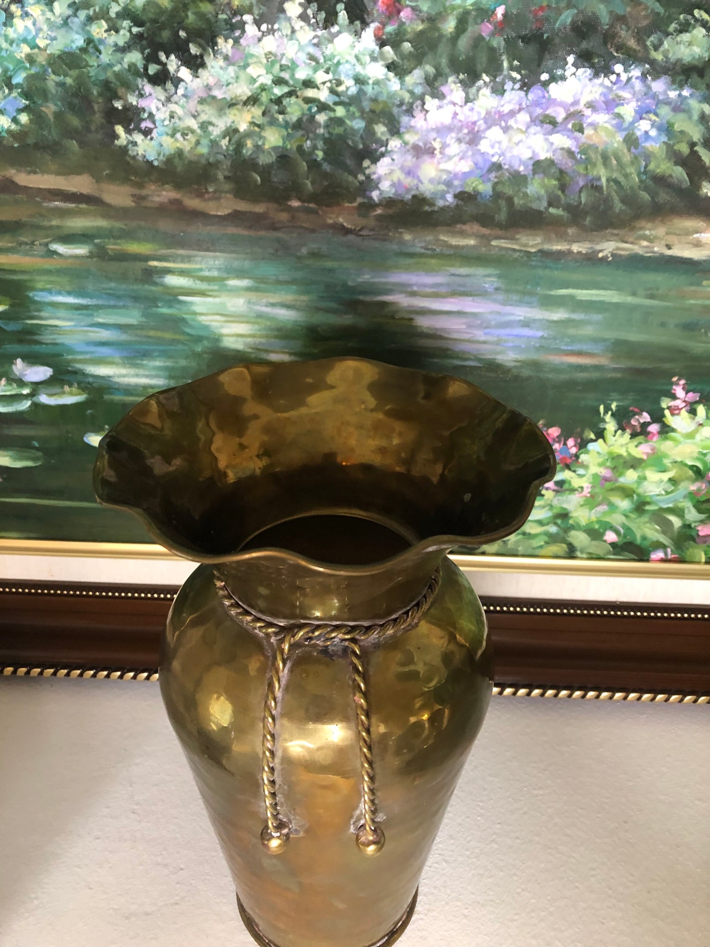 Vintage Hammered Brass Vase with Rope Detail and slight patina - Vintage Condition!