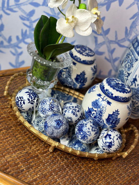 PRE SALE - Set (6) Blue & White Chinoiserie Porcelain Ornaments, 2.5" Wide