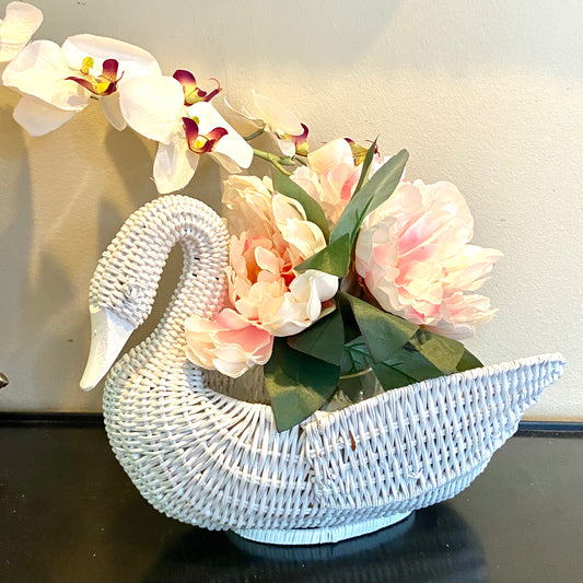 Chic white vintage rattan wicker swan centerpiece planter