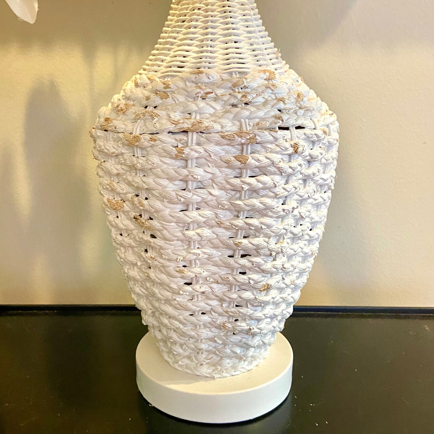 Chic white rattan wicker bohemian style lamp.