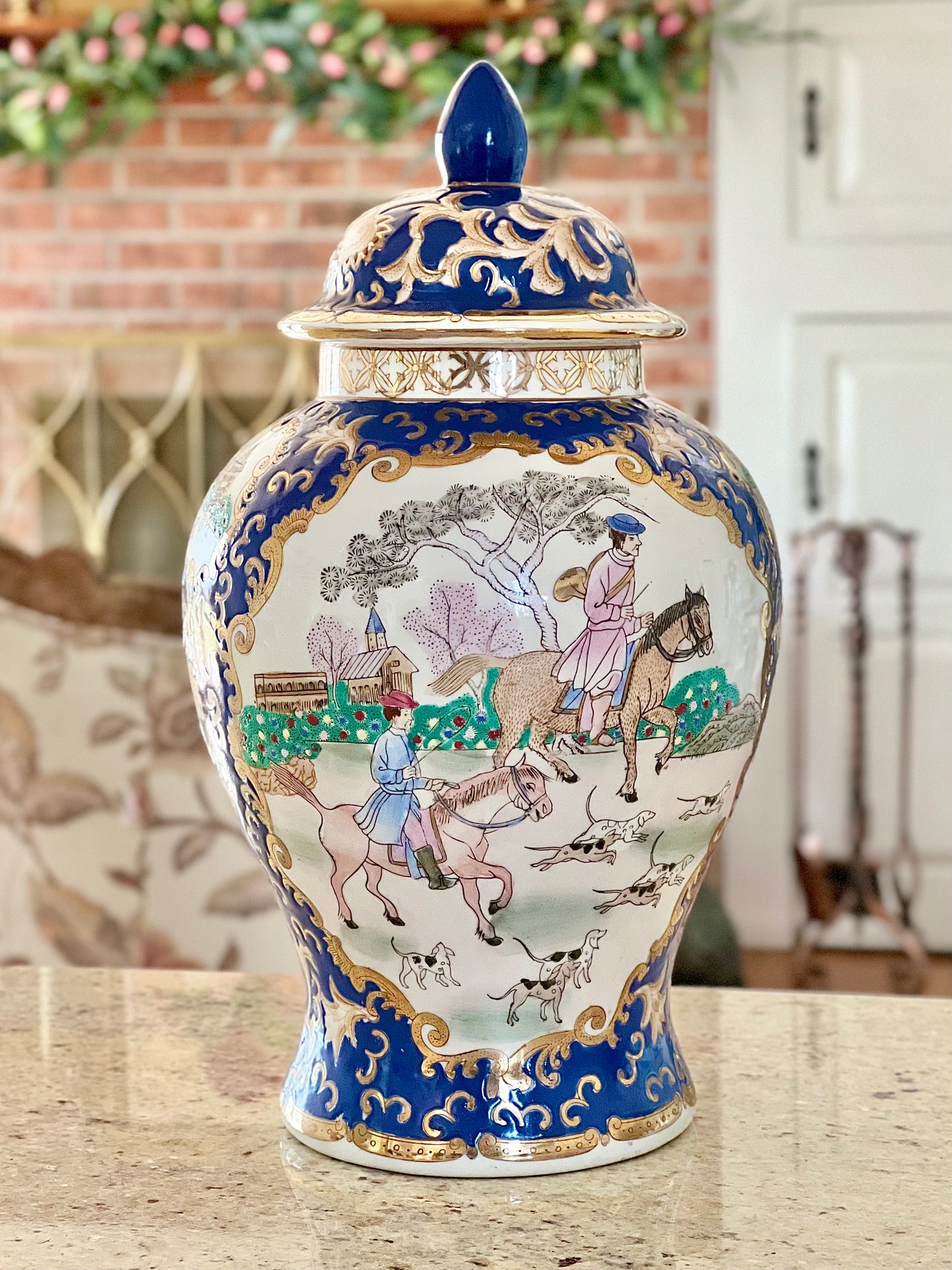 Vintage Chinese Porcelain Temple Jar with Hunt Scene, 14.5” tall - Excellent!