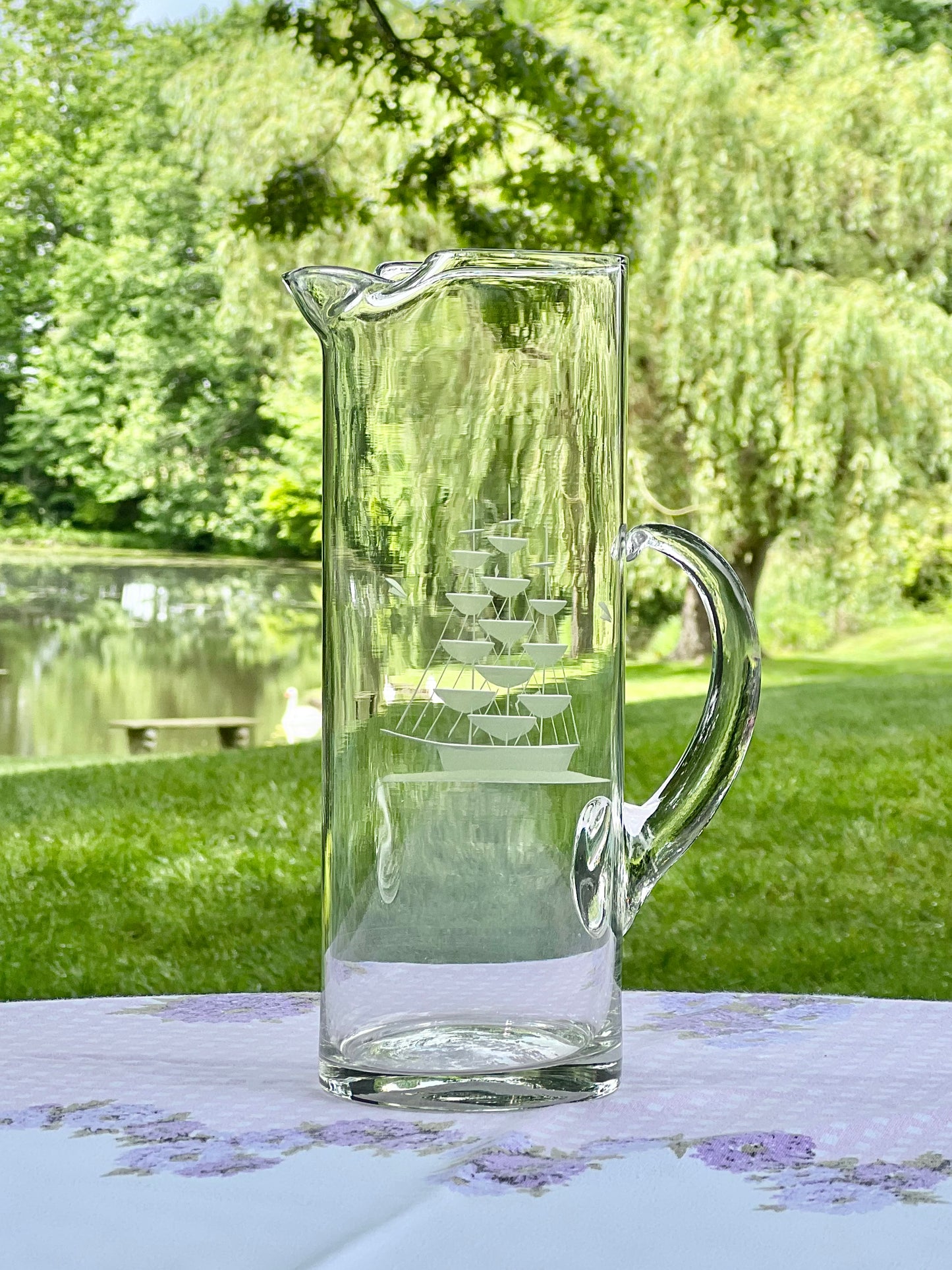 Vintage Etched Glass Clipper Ship Cocktail Pitcher