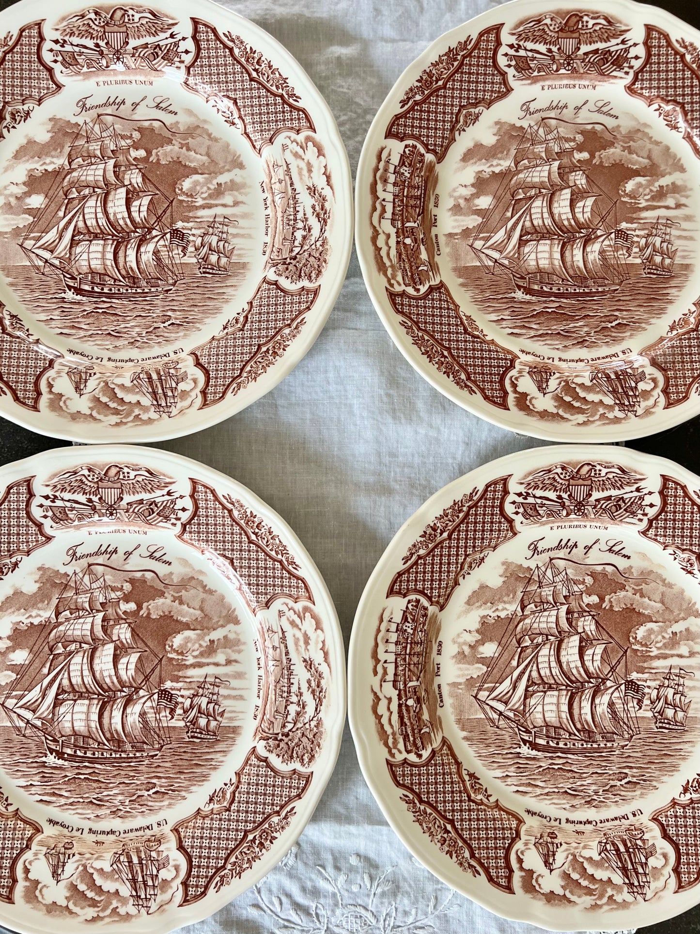Vintage Set (4) Alfred Meakin “Friendship of Salem” Dinner Plates - Excellent!