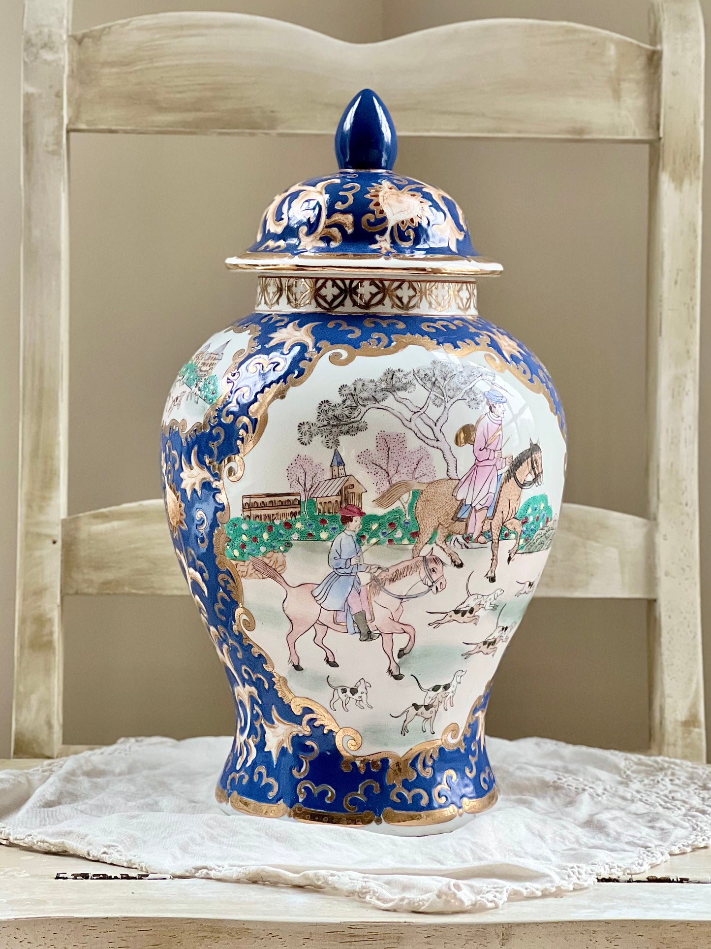 Vintage Chinese Porcelain Temple Jar with Hunt Scene, 14.5” tall - Excellent!