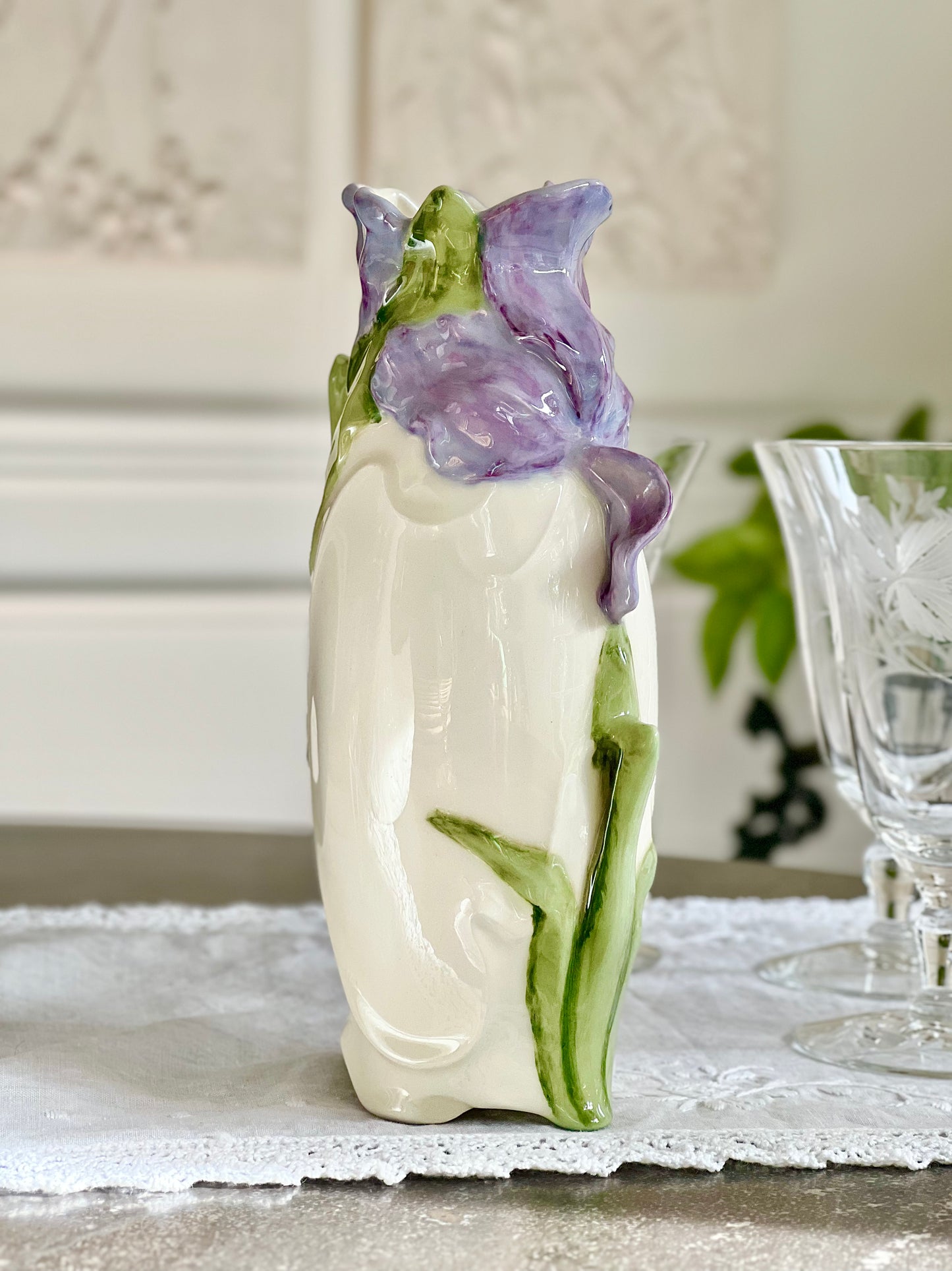 Vintage Art Nouveau Style Iris Vase - 8.5” tall