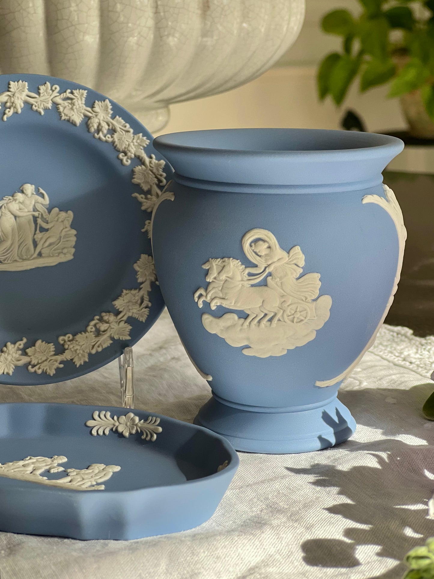 Set (3) Vintage Wedgwood Jasperware Blue Vase & Dishes