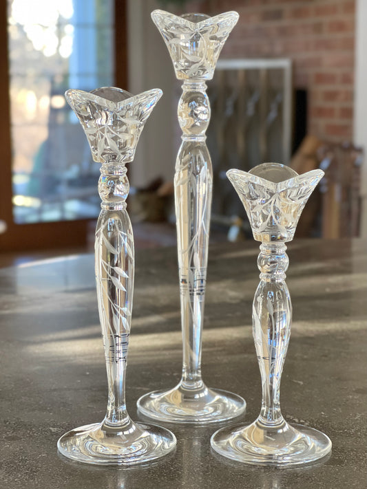 Set of 3, Lenox Opal Innocence Handcut Crystal Candlesticks