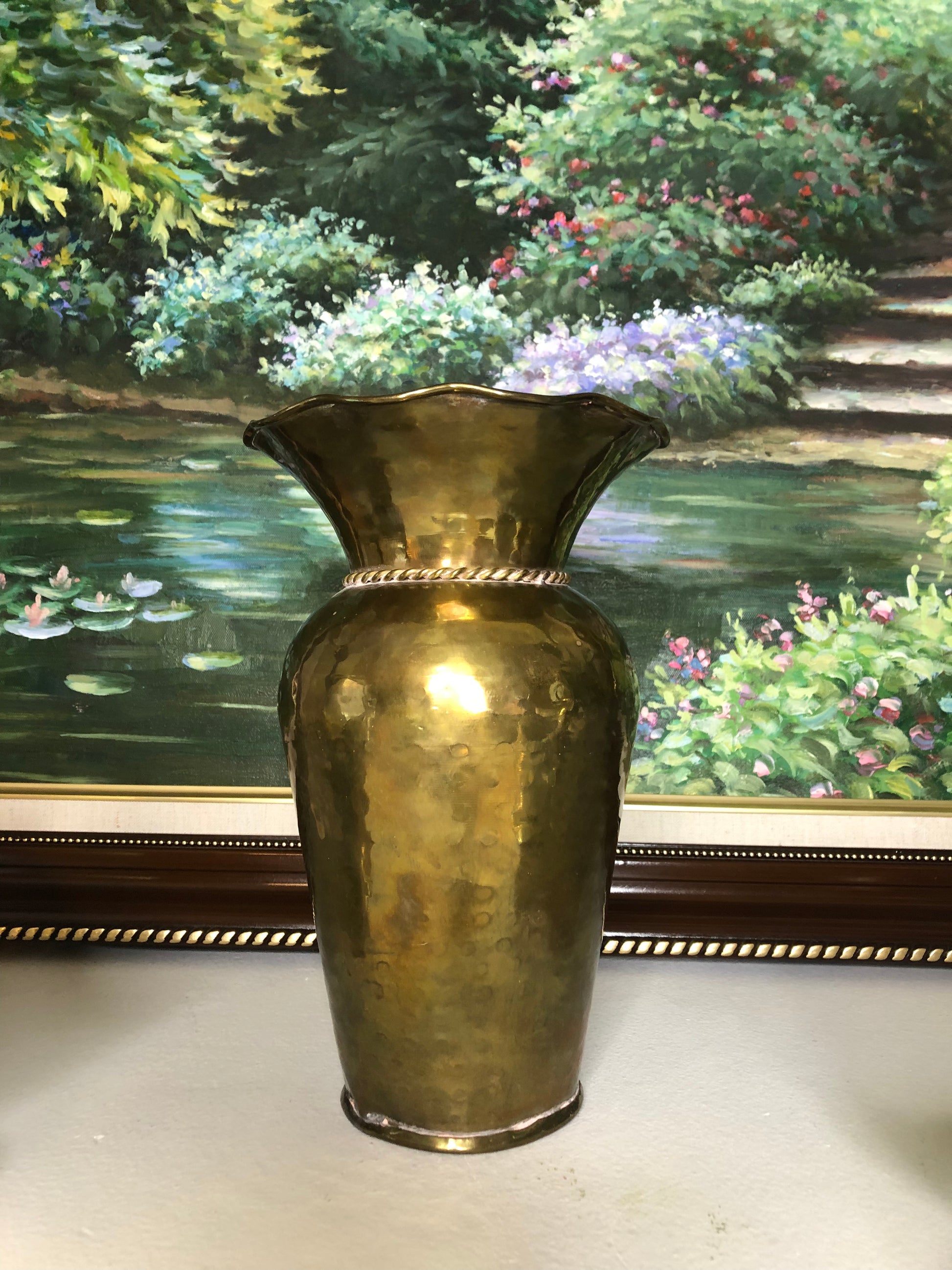 Massive designer vintage hammered brass large floor vase centerpiece planter