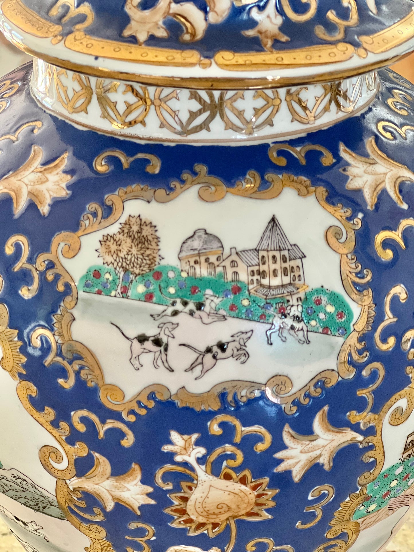 Vintage Chinese Porcelain Temple Jar with Hunt Scene, 14.5” tall - Excellent!