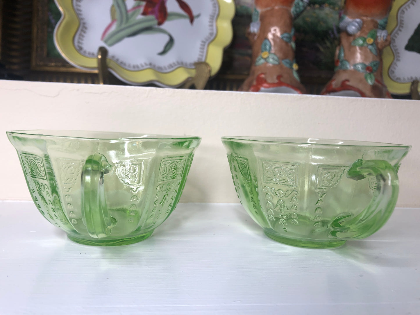 Vintage Green Depression Glass teacups pair (2) - Excellent condition!