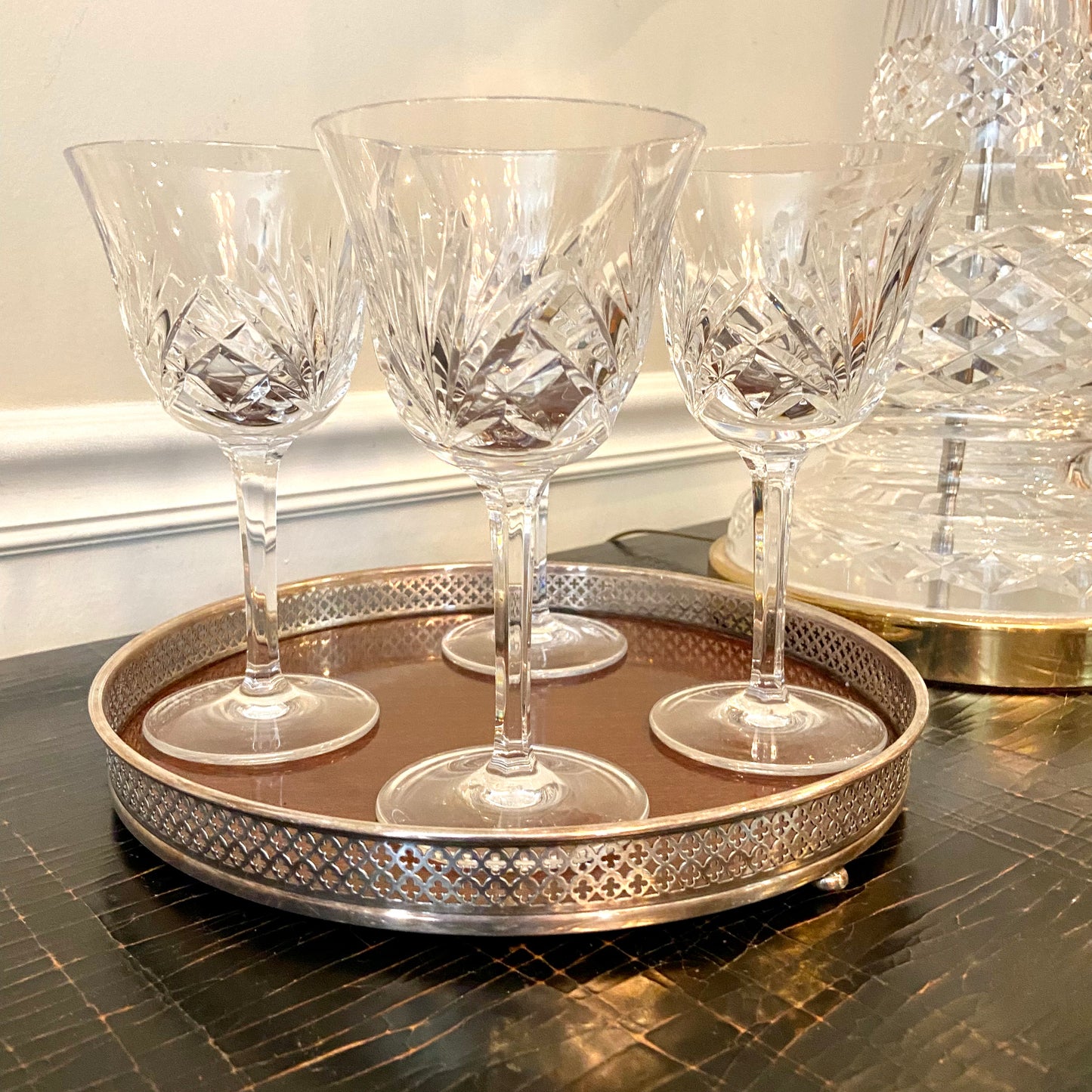 Shiny vintage silver plate & wood grain footed round  tray