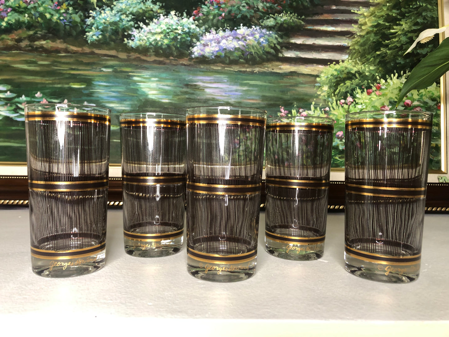 Stunning Signed Georges Briard Black and Gold Highballs Set of 5 - Excellent Condition!