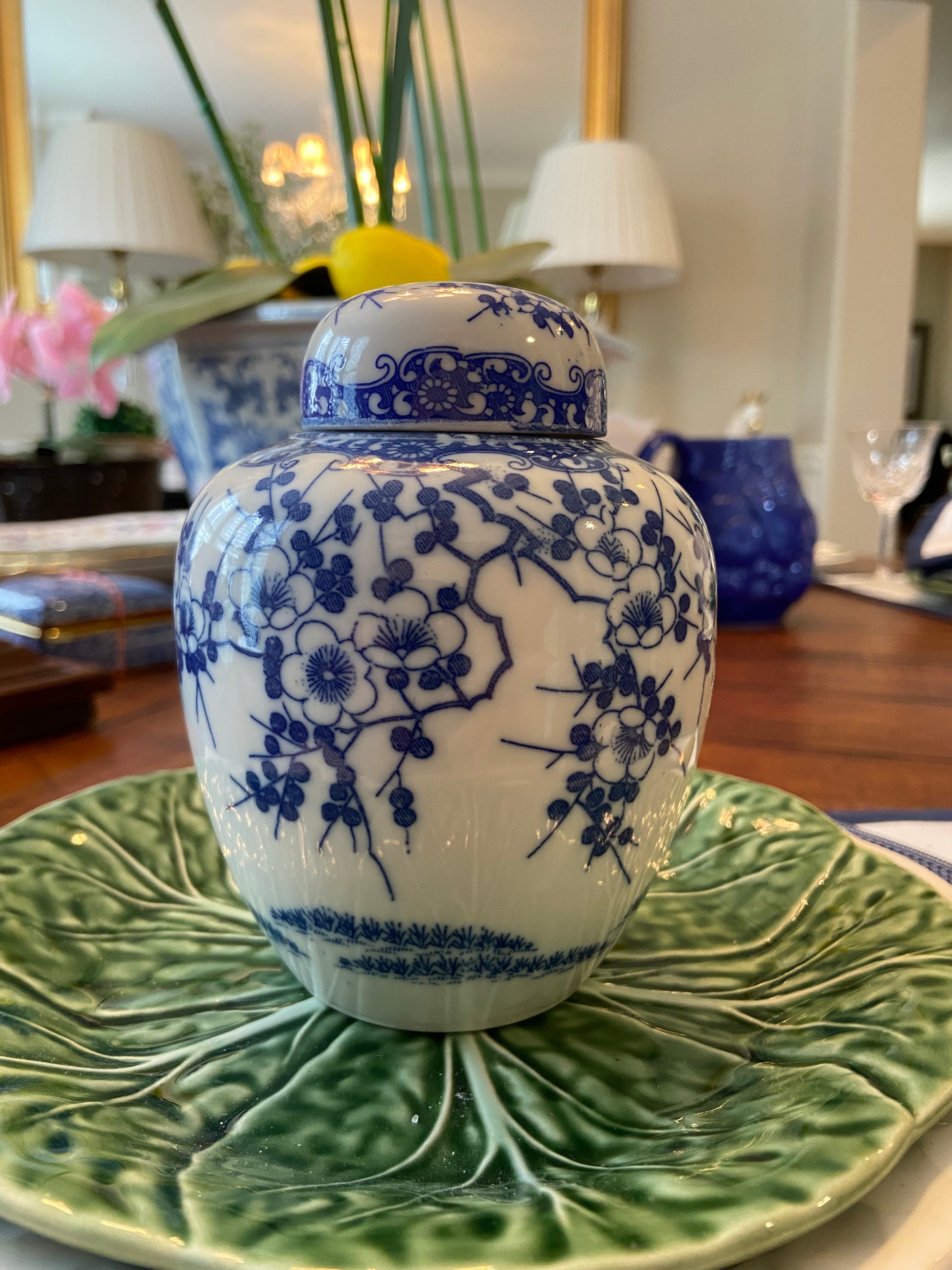 Vivid vintage blue and white cherry blossom chinoiserie ginger jar