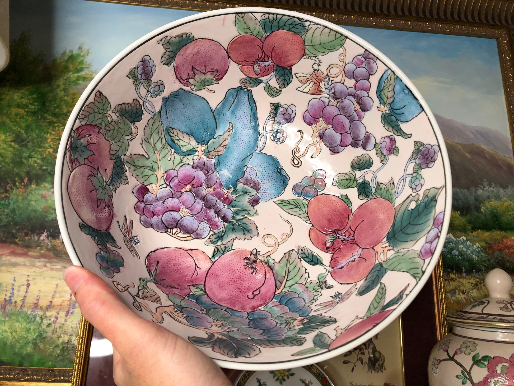 Beautiful Andrea by Sadek pink 10” bowl with lovely fruit details- Exc –  Lillian Grey