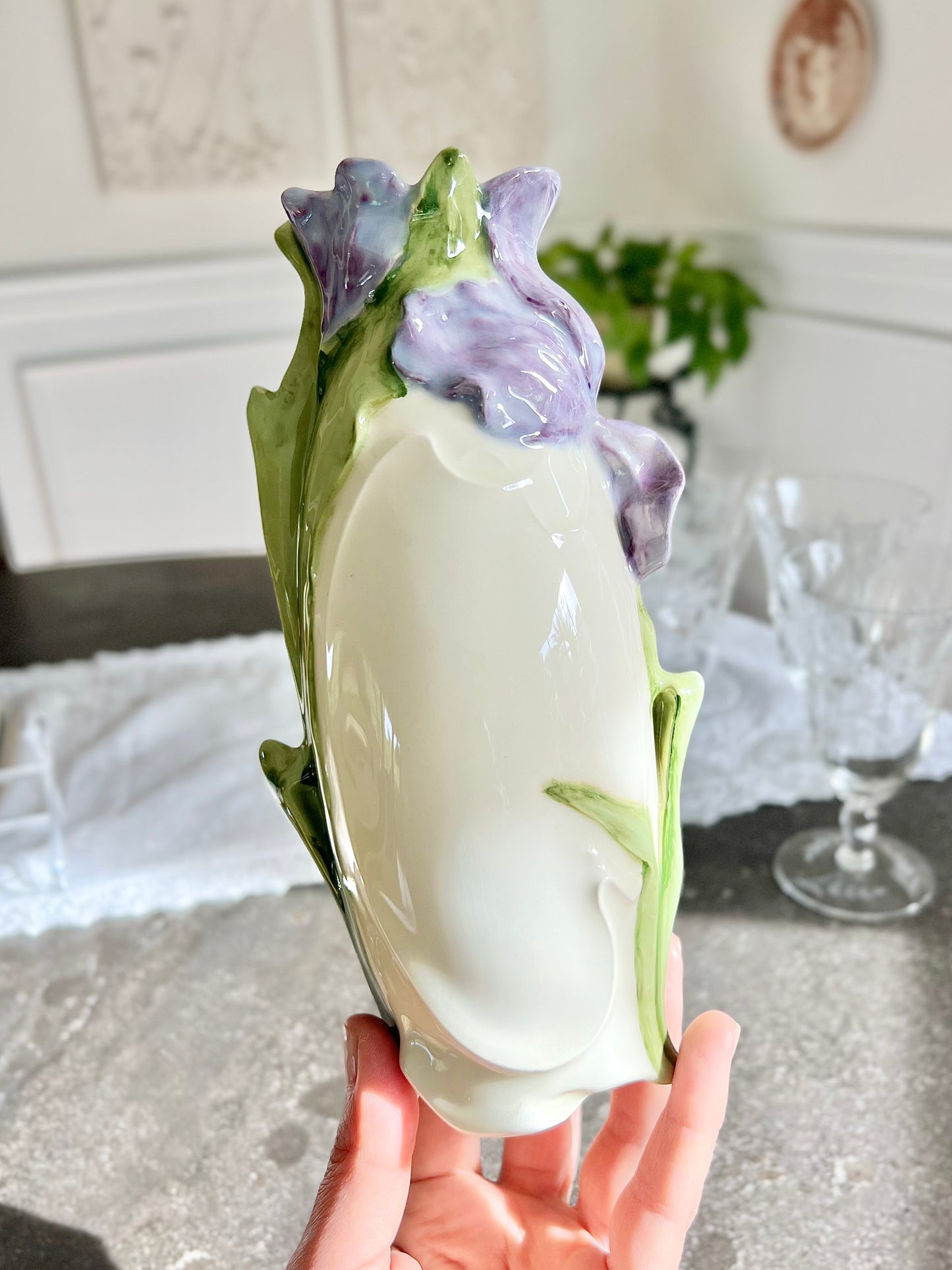 Vintage Art Nouveau Style Iris Vase - 8.5” tall