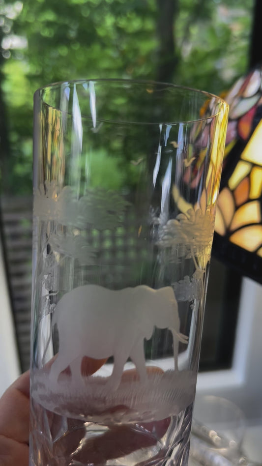 Vintage Set of 8 Hand Engraved Glasses with Elephants and Trees!