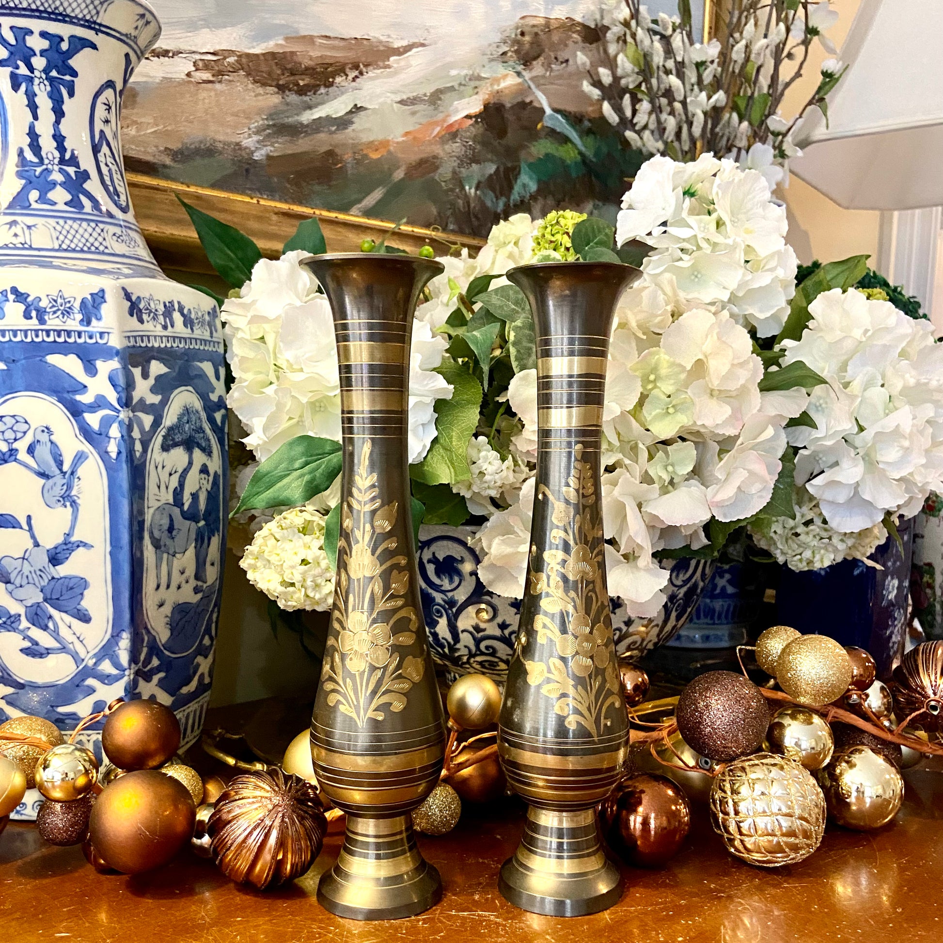 Vintage Brass and Enamel Etched Vase