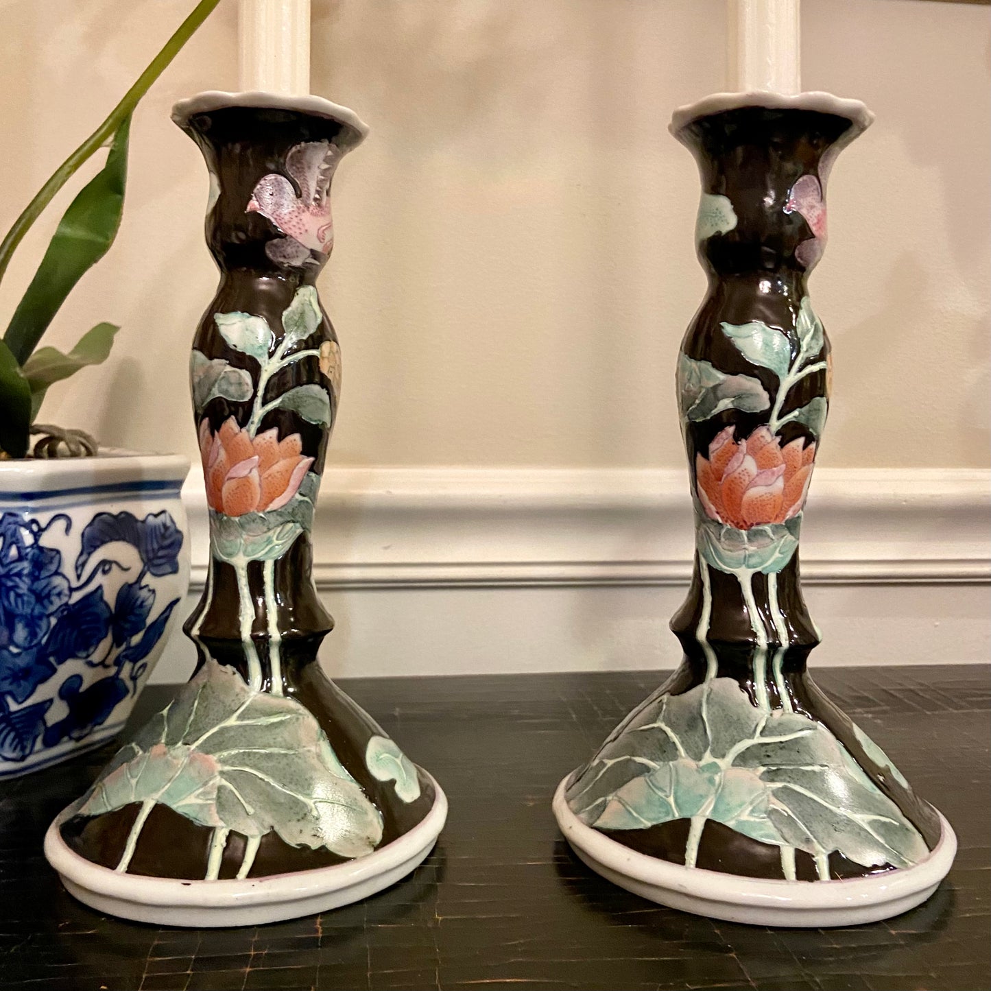 Pair of vintage chinoiserie tall candlestick holders.