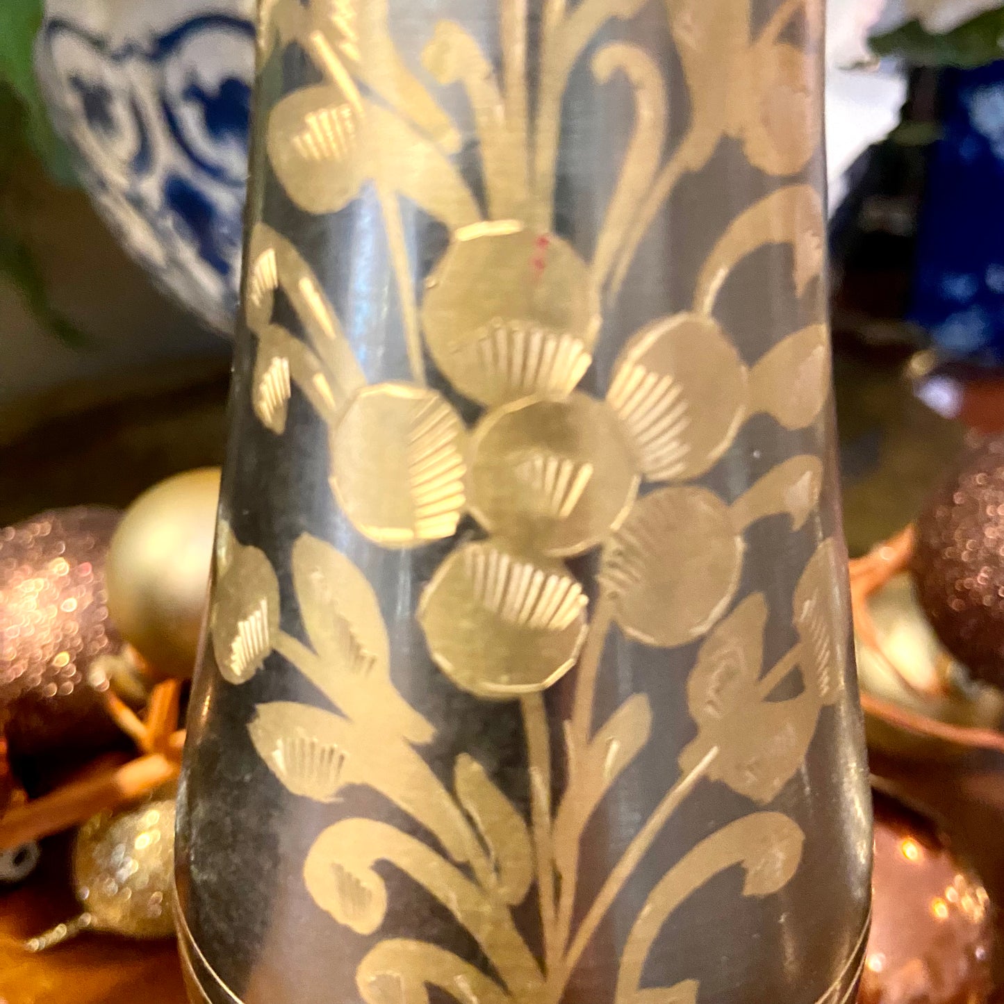 Pair of vintage brass & enamel cloisonné etched vases.