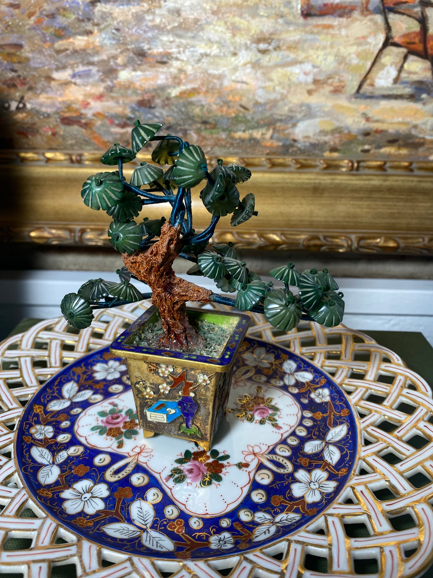 Vintage Cloisonné Petite Jade Glass Tree, 4" Tall - Excellent!