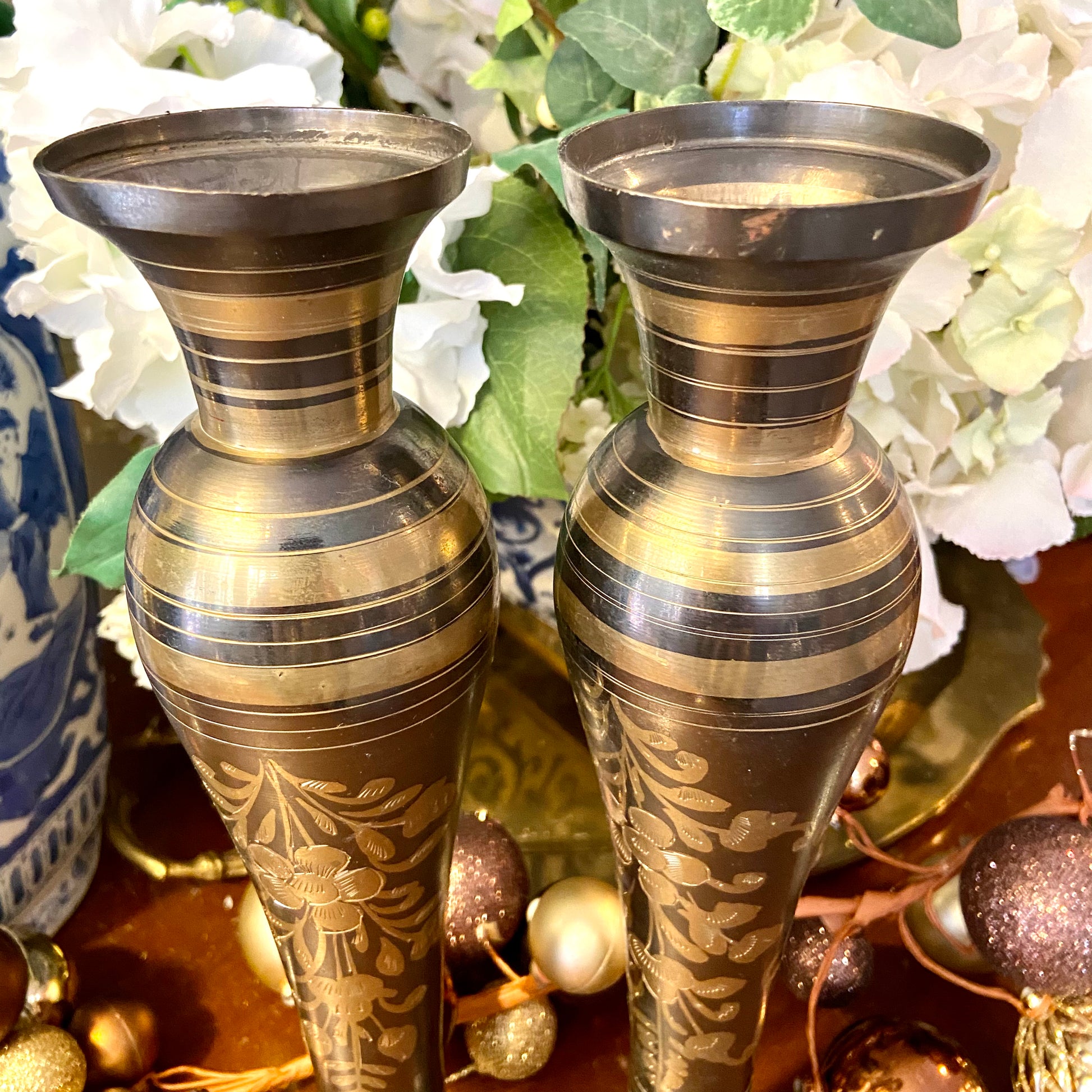 Pair of Vintage Indian Brass Bud Vases, Etched Brass Bud Vases