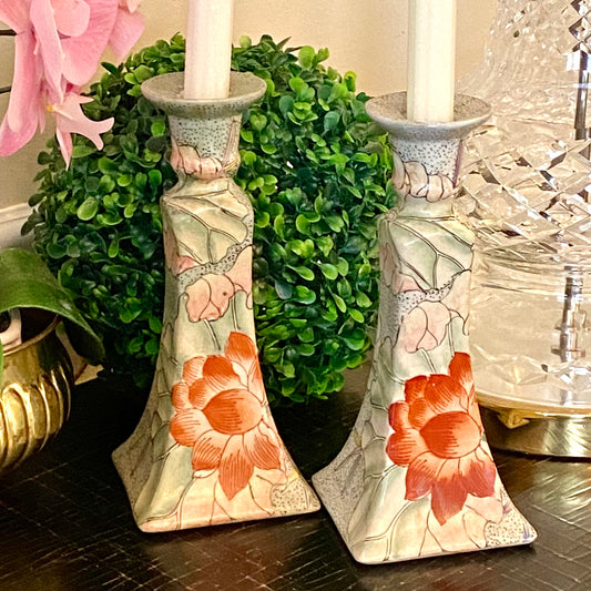 Pair of vintage chinoiserie chic candle stick holders by designer TOYO.