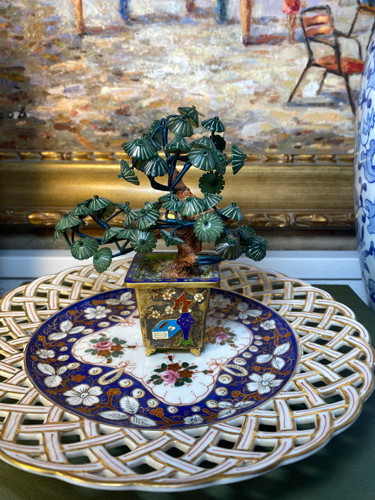 Vintage Cloisonné Petite Jade Glass Tree, 4" Tall - Excellent!