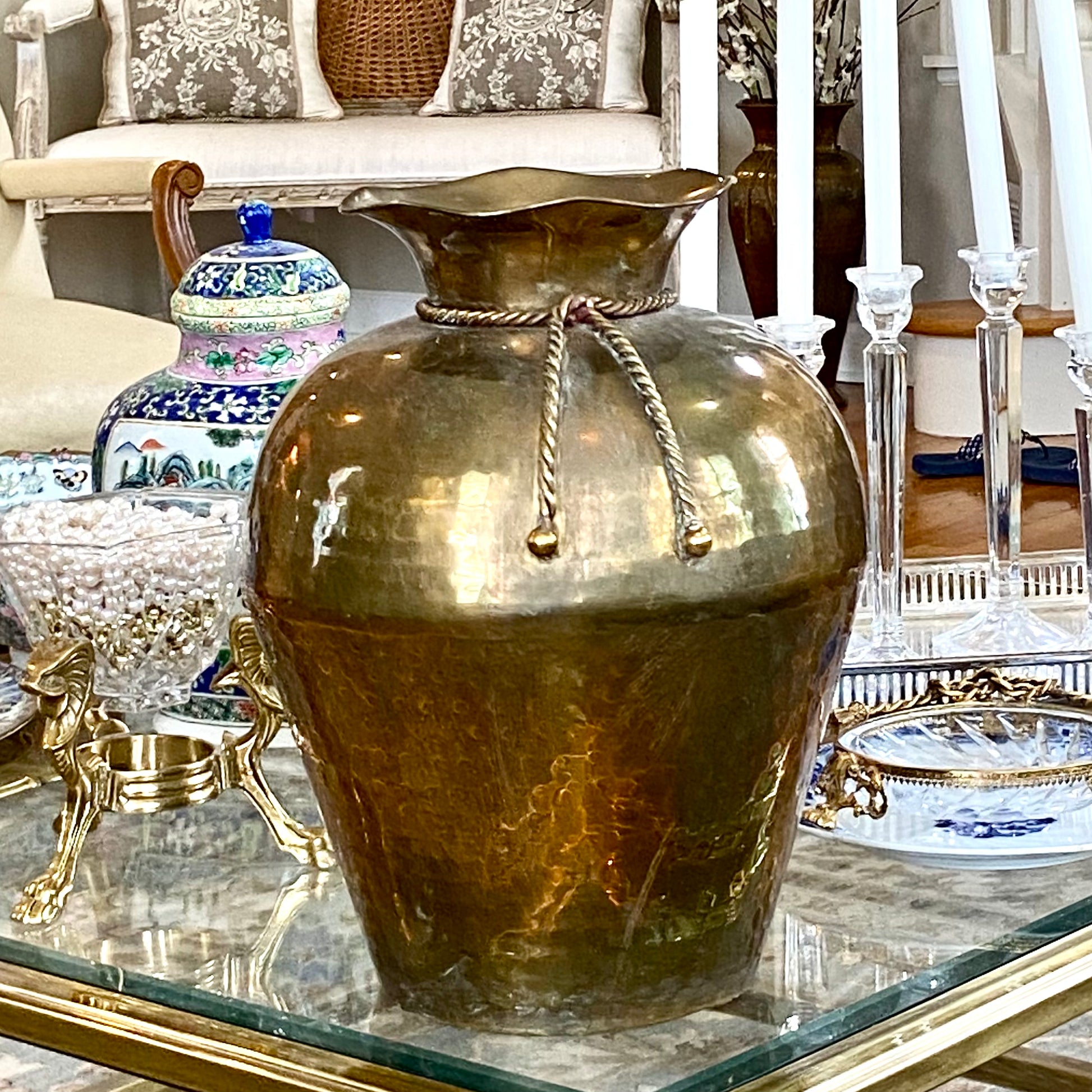 Massive designer vintage hammered brass large floor vase