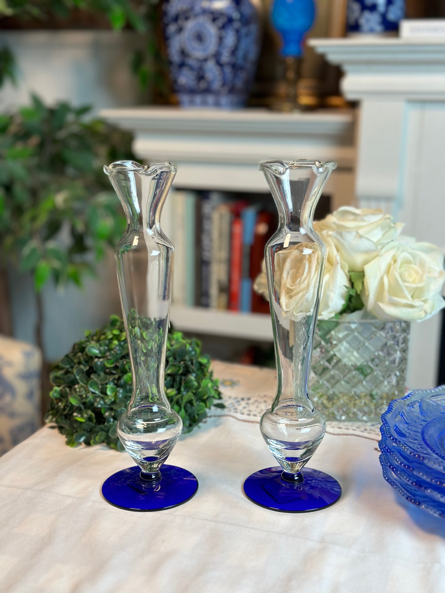 Vintage Cobalt Glass Bud Vase Pair, 8" Tall - Pristine!