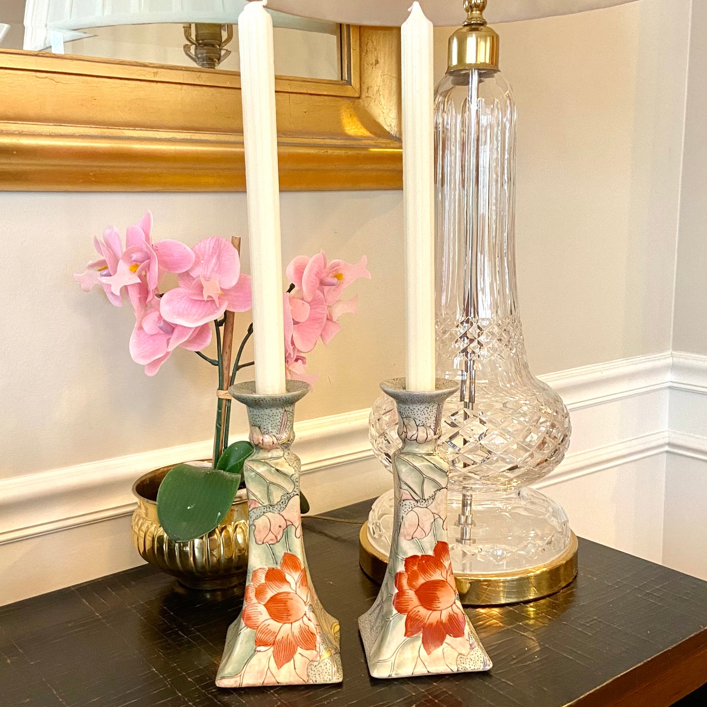 Pair of vintage chinoiserie chic candle stick holders by designer TOYO.