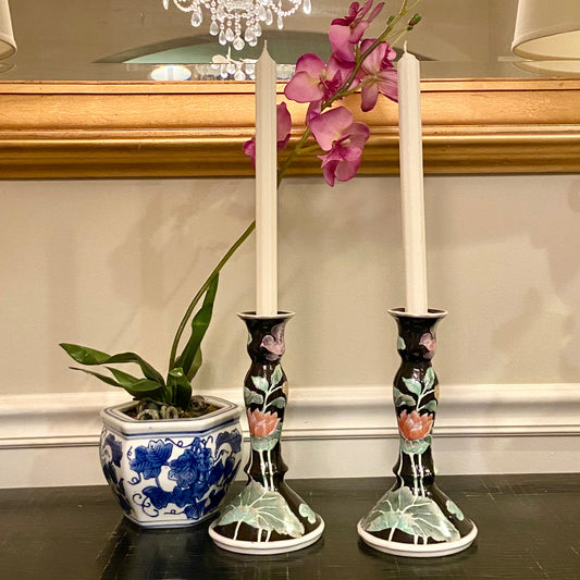 Pair of vintage chinoiserie tall candlestick holders.