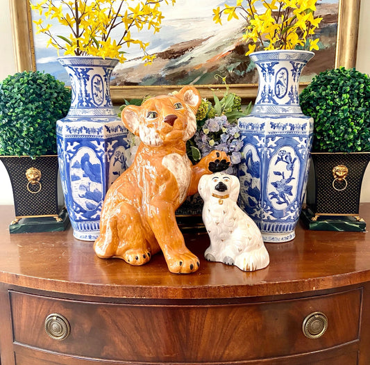 Lovely vintage Hollywood regency style lion cub ceramic custom statue decor