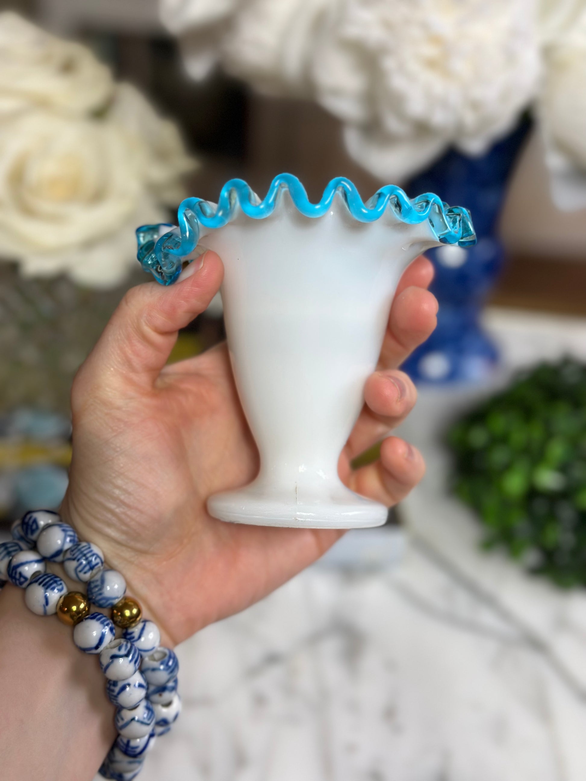 Vintage Fenton “Aqua crest” 4” Tall Glass Pedestal Vase - Pristine! Ru –  Lillian Grey