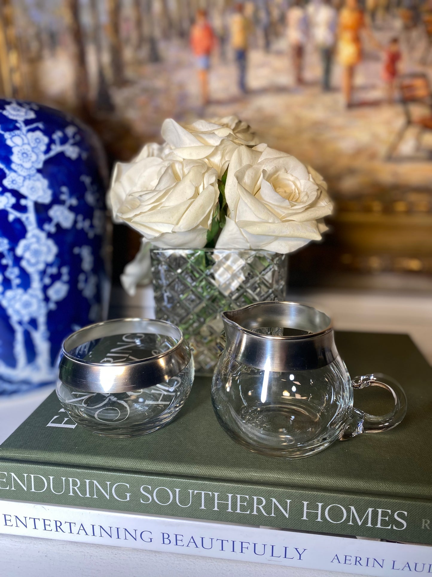 Timeless Elegance: Vintage Glass Sugar and Creamer Set with Sleek Metal Rim - Elevate Your Tea Time Experience!